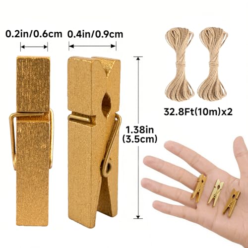 jijAcraft 1.4Inch Mini Clothes Pins - 100Pcs Wooden Clothespins with String - color: Gold Gold, size: 1.4 inch, 100 pcs