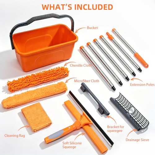 Window Cleaning Kit with 3-Gallon Bucket, 14" Squeegee & 15" Microfiber Scrubber, 78" Extension Pole, All-in-One Window Washing Equipment for Home, Outdoor, Car and Commercial Use