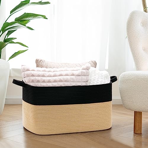 Goodpick Large Woven Blanket Basket, Rectangle, Black & Camel - color: Black Camel, size: Large(21.6"L x 14.9"W x 11.8"H)