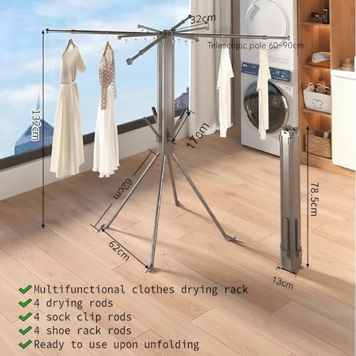cjc Foldable Clothes Drying Rack, Extra Stable Heavy Duty-100Lbs Load - color: Grey-8 Rods