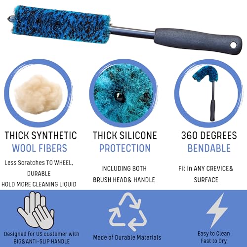 oesee Professional 4 Pack Long Handle Wheel Brush Kit for Cleaning Wheel and Tire- 2X Soft Wheel Cleaning Brush, Detailing Brush and Stiff Tire Brush, Bendable& Durable Wheel Rim Cleaner Brush Set - size: 7 Pack (Blue & Black)