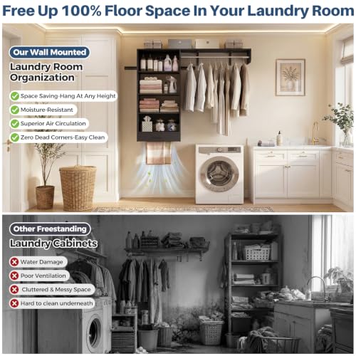 Armocity 60" Wall Mounted Laundry Room Organization with Pull-Out Towel Rack, 5FT Over Washer and Dryer Shelves with Hanging Rod and Storage Shelf, Wood Laundry Room Organization and Storage, Black - color: Black