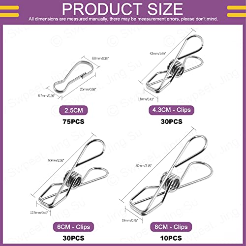 Swpeet 145Pcs 1.7inch 2.4inch 3.2inch Stainless Steel Clothes Pins with Metal Spring Hooks Kit, Multi-Purpose Wire Clip Windproof Clothespin Metal Clips Holders for Clothes