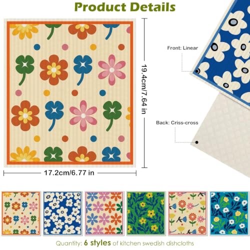 6 Pcs Swedish Paper Cloths for Kitchen, Reusable Paper Towels Washable - color: Colorful Broken Floral