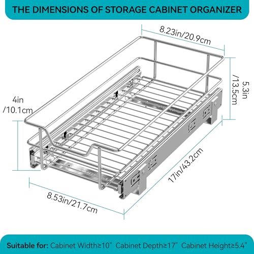 Pull Out Cabinet Organizer 9" W X 17" D, Chromed, Full Slide Out Drawers - color: 1 Tier - Chrome-Plated, size: 9" W X 17" D