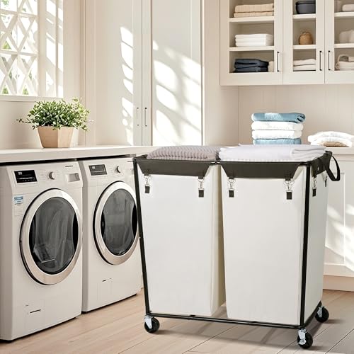 390L Laundry Hamper Sorter with Wheels, Extra Large Laundry Basket Heavy-Duty Rolling Cart with Removable Bags, Laundry Cart for Hotel and Home, Beige, 2-Section - color: Beige