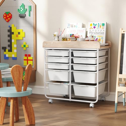 Giantex Rolling Storage Cart with 10 Drawers, Utility Cart w/Wooden Tabletop, Handle, Lockable Wheels, Multipurpose Organizer for Art Craft Scrapbooks Paper, Drawer Carts for Dorm School Office, White - color: White, size: 10 Drawer-25.5"x14.5"x26.5"