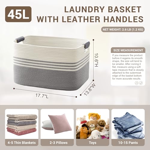 45L Small Woven Laundry Basket Hamper with Leather Handles,Grey - color: Grey, size: 45L