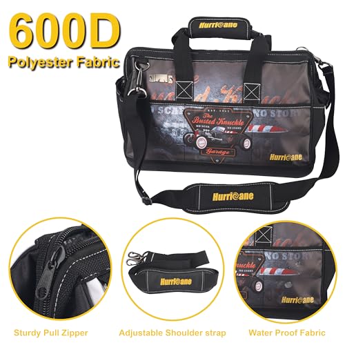 Hurricane Busted Knuckle Garage 16 Inch Wide Mouth Tool Bag with 21 Pockets, Large Inner Space and Water Proof Base Updated Tape Measure Holder with Extra Shoulder Strap - color: Busted Knuckle Garage
