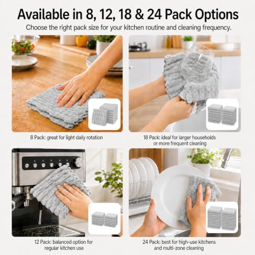 kimteny Microfiber Dish Cloths for Washing Dishes 18 Pack, Light Grey - color: Light Grey, size: 12 x 12 - 18 Pack