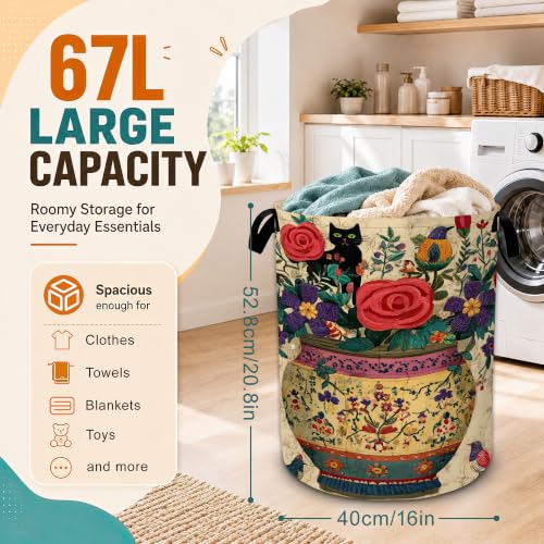 Black Cat Flowers Laundry Basket,Floral Vase Art Foldable Oxford Laundry Hamper with Handles,Collapsible Clothes Storage Basket for Bedroom,Bathroom,or Laundry Room,20.8 x 16 Inches - color: Black Cat Flowers Floral Vase Art