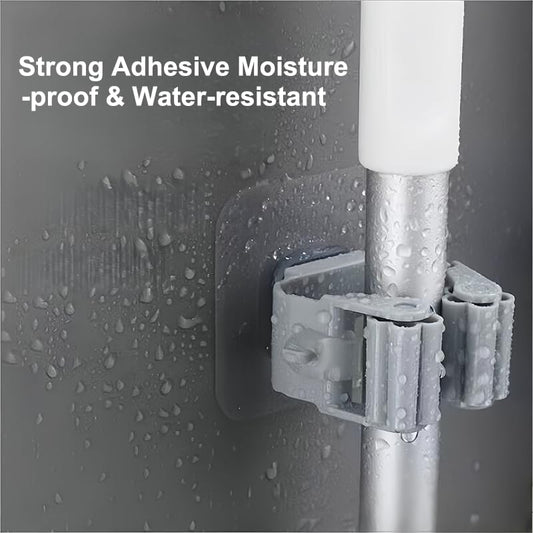 2Pcs Broom Holder Wall Mount, Self Adhesive Mop Holder with Anti-Slip Gripper, Cleaning Tools Sticker Hook for Garden Garage Bathroom Kitchen Toilet, Grey