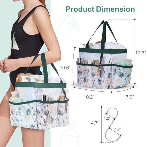F-color Shower Caddy Portable - Mesh Shower Bag Basket Tote for College Dorm Room Essentials Bathroom Gym Camp Quick Dry for Women Men with S Hook, Green Pineapple - color: L, Green Pineapple, size: L (Classic Dorm Caddy)