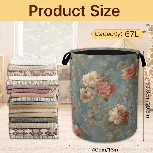 Laundry Hamper Foldable with Handles,Peony Flower Oxford Cloth Basket,Vintage Rose Large Capacity Storage Organizer for Bedroom Bathroom Dorm Room - color: Peony Flower,Vintage Rose