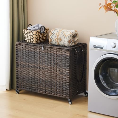 Laundry Hamper with Wheels, 52.8 Gallon(200L) Rolling Laundry Basket with Lid, 3-Section Rattan Clothes Hamper with 3 Removable Liner & 3 Mesh Bags, Laundry Sorter with Side Pocket, Brown - color: Brown, size: 200L(31.5 x 15.75 x 25.6 Inches)