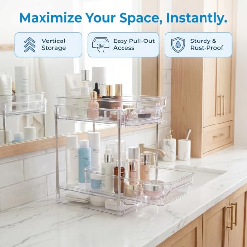 2-Tier bathroom cabinet organizer, bathroom organizers and storage with Adjustable Removable Dividers,Under Sink Organizing,Under Sink and Pull-Out Cabinet Organizer for Kitchen and Pantry Storage - color: white -3-tier Under Sink Organizer