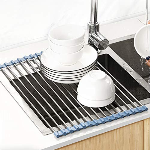 MECHEER Over The Sink Dish Drying Rack, Roll Up Dish Drying Rack Kitchen Dish Rack Stainless Steel Sink Drying Rack, Foldable Dish Drainer, 17.5''x11.8'' - size: 17.5''x11.8''