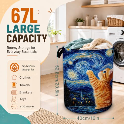 Starry Night Laundry Basket,Cute Cat Large Collapsible Portable Round Laundry Hamper with Handles,Oxford Storage Bin for Clothes,Blankets,Bedroom,Bathroom - color: Starry Night Cute Cat