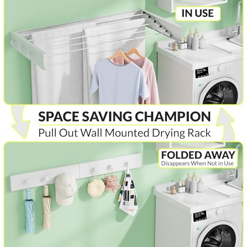Collapsible Laundry Drying Rack Wall Mounted - 31.5 Inch Metal Clothing Drying Rack with 6 Hooks, Retractable Foldable Dry Racks for Laundry Drying Indoor, Heavy Duty Towel & Coat Hanger - color: Upgraded - 6 Knobs, size: Width 31.5"