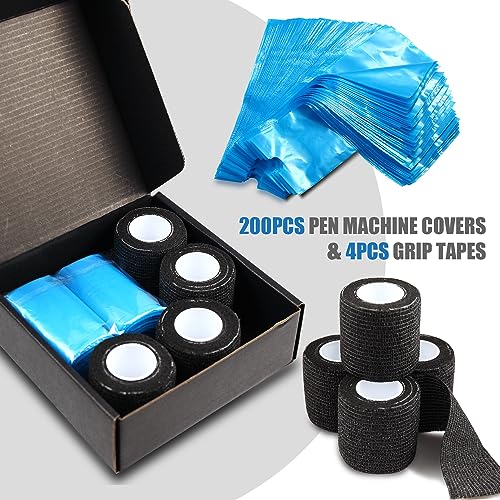 Pen Machine Covers and Grip Tapes 200pcs Tattoo Machine Covers with 4pcs Grip Wrap Cover 7.5 x 2.7" Tattoo Pen Sleeves Self adhesive Tape Tattoo Pen Bags Tattoo Supplies - color: Blue, Black