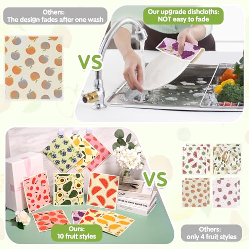 10 Pack Swedish Dishcloths for Kitchen- Reusable Paper Towels Washable Swedish Cloths Fruit Prints Dish Wipes with Adhesive Clips- Super Absorbent Fast Drying Kitchen Sponge for Cleaning Dishes - color: 10 Pack-fruits Prints+ Clips