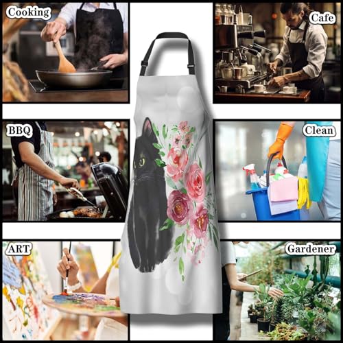 Cook Apron Women Black Cat and Watercolor Flower Mans Aprons for Grilling for Kitchen Cooking Restaurant BBQ Painting Crafting Gardening 27” (W) x 31” (H), Waterproof Aprons - color: Cat and Flower