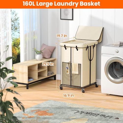 160L Laundry Hamper with Lid & Wheels, Rolling Laundry Basket with Bag - color: White, size: 42GAL