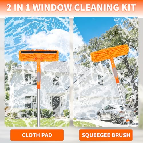 109" Window Cleaning Squeegee Kit, Professional 2 in 1 Squeegee Window Cleaner with Extension Pole, Window Washing Kit with 2 Blade 2 Pads for Indoor & Outdoor High Windows Car Glass - color: Orange