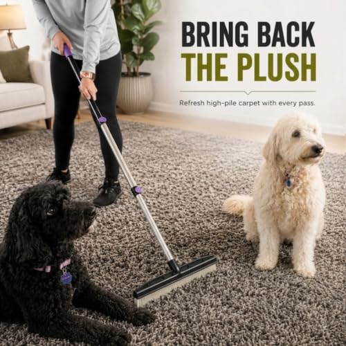 Room Groom PET Carpet Rake Groomer with Telescoping 54 " Adjustable Handle, with Lint Remover Brush Tool, Carpet Brush for Pet Hair and Refreshing Carpets, (Black/Purple) - style: Purple Handle Bundle