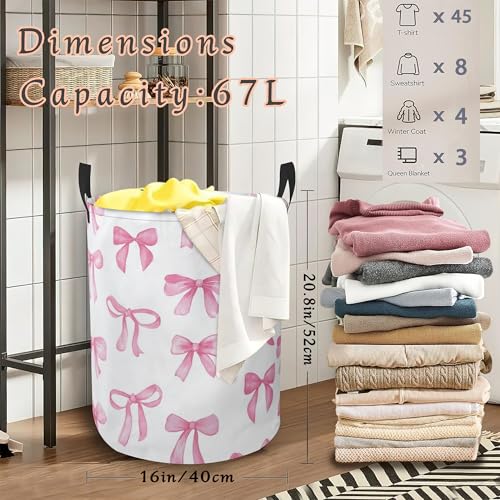 Pink Cute Bow Laundry Hamper with Handles,Collapsible Waterproof Storage Basket for Dirty Clothes Books Round Organizer Bin for Bathroom Bedroom College Dorms 16" x 20.8" - color: Pink Cute Bow