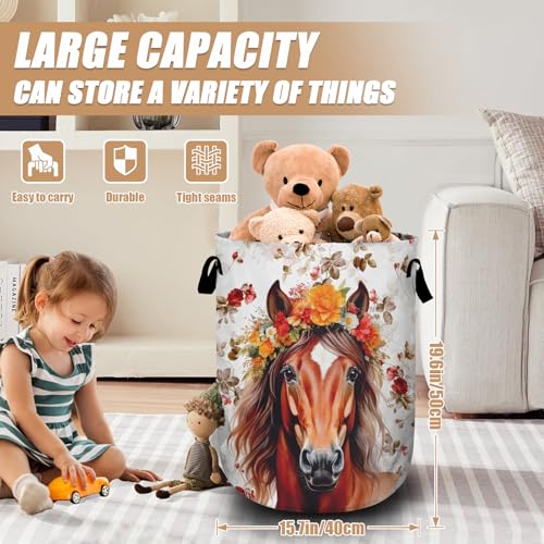 Watercolor Horse Laundry Basket, Foldable Waterproof Animals Floral Laundry Hamper Tote Bag Dirty Clothes Storage Bucket Organizer for Bathroom/Laundry/Bedroom 15.7"x19.6" - color: Horse Floral