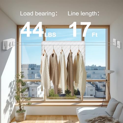 17Ft Retractable Clothesline Indoor/Outdoor, Comes with 40 clothespins, Anti-Sag for Drying Clothes line retracting Indoor/Outdoor, Dual-Line with Each Line 17Ft Long Laundry line Retractable - style: White