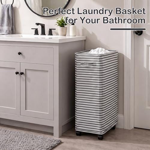 Hushee 2 Pcs Laundry Hamper with Wheels, 70 L Grey Striped Laundry Basket