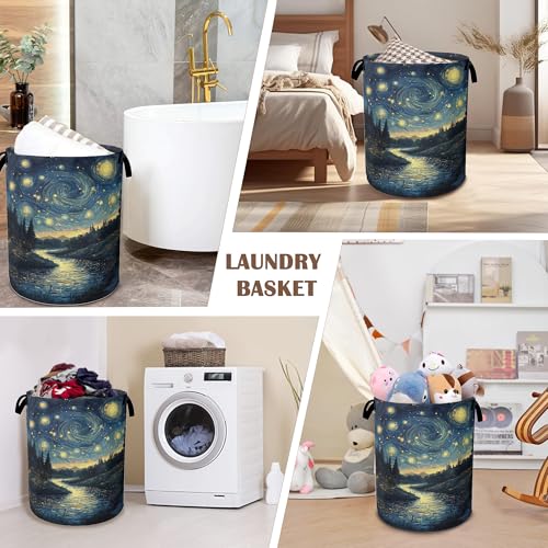 Night Sky Laundry Hamper,Collapsible Laundry Baskets,Stream Fireflies Dirty Clothes Baskets with Handles,Oxford Cloth Hamper for Bedroom,Bathroom,College Dorms, 16"x20" - color: Night Sky,Stream Fireflies