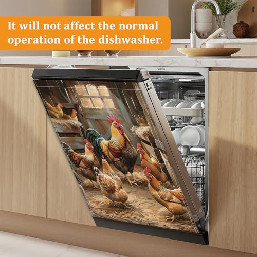 Vintage Farmhouse Rooster Dishwasher Magnet Cover, 23 x 26 Inch Magnetic Front Panel for Dishwasher, Reusable Trimmable Kitchen Decor for Refrigerator Door - color: Vintage Farmhouse Rooster