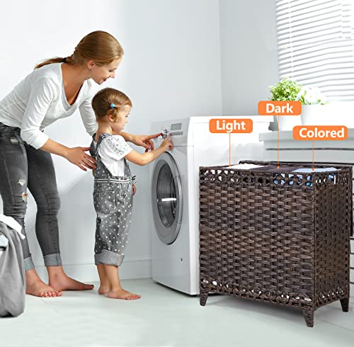 Laundry Hamper with 3 Removable Liner Bags, 132L Laundry Sorter with Lid - color: Brown, size: 132L-3 Section