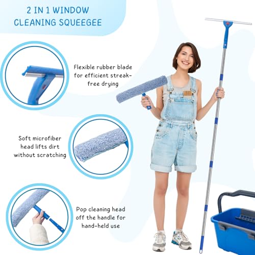 Window Cleaning Kit for Home and Commercial Use, 6 Ft Long Handle Professional Glasses Cleaner Squeegee with 3 Gallon Bucket and Spray Bottle and Scrubber, Car Windshield Washing Tool - color: Blue