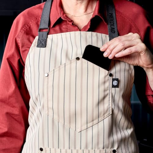 HexClad Eco Modern Chef Apron for Cooking and Grilling, Professional HexTwill Fabric Aprons with Pockets - color: Pinstripe Cream