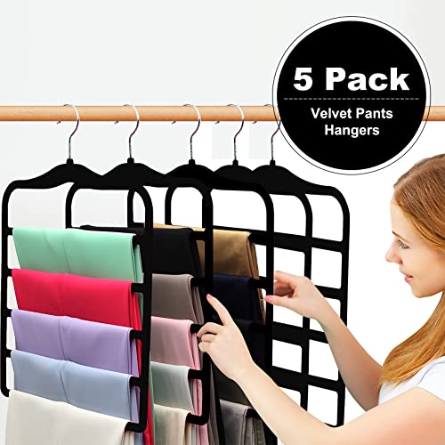 Closet Organizers and Storage, 5 Pack Velvet Pants-Hangers-Space-Saving - color: Dark Black