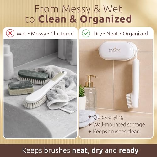 Sova Duo-Pro by COZYTO – Dual Brush Cleaning Set with Wall Holder | Soft Silicone Bristles for Laundry, Shoes & Tight Spaces | No-Drill Mounted Storage for Modern Homes