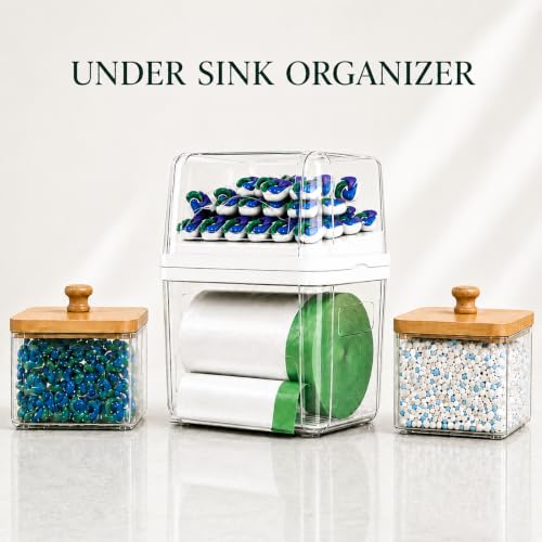 Trash Bag Holder & Dishwasher Pod Dispenser with 2 Bamboo Lid Storage Containers, Clear Acrylic Under Sink Organizer for Garbage Bags, Laundry Detergent Pods & Tabs, Kitchen Pantry Laundry Room - size: 3IN1 Set with 2 Lidded Bins