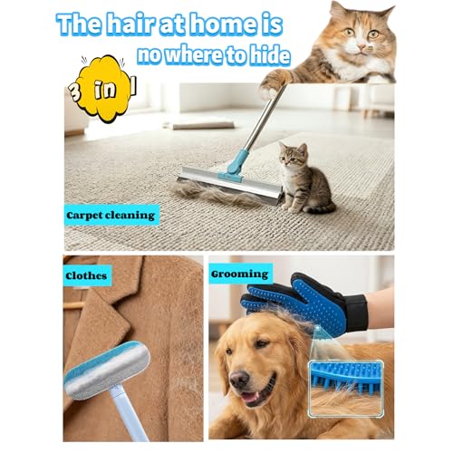 SUREMAX 3-in-1 Pet Hair Remover Set, Carpet Rake for Pet Hair with 54" Extendable Handle, Pet Grooming Glove & Lint Brush for Dogs Cats, Hair Removal Broom for Carpets, Rugs, Couch, Clothes, Furniture