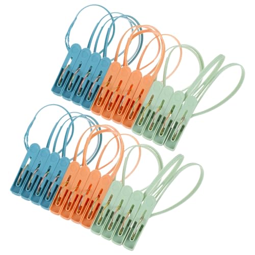 24 Pack Plastic Clothes Pins with Rope, Mini Clothesline Clips Multicolor Windproof Drying Clothing Pegs for Hanging Socks Hats Pants Bras Underwears Towel Photo Crafts