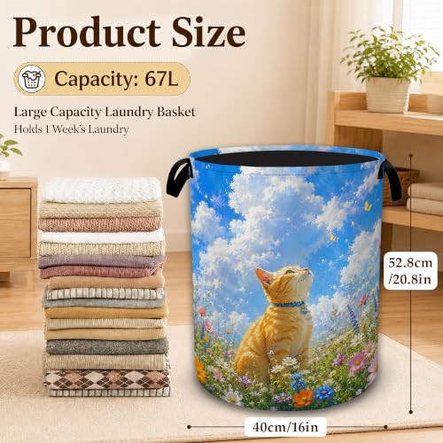 Cat Flower Field Decorative Laundry Hamper, Tall Foldable Oxford Clothes Basket with Handles, Lightweight Dirty Clothes Holder for Bedroom Bathroom Laundry Room - color: Cat Flower Field