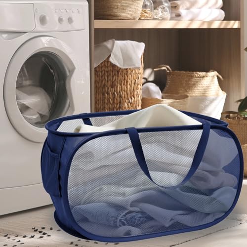 Collapsible Laundry Hamper Basket,Pop Up Mesh Foldable Bag for Laundry Room - color: Navy