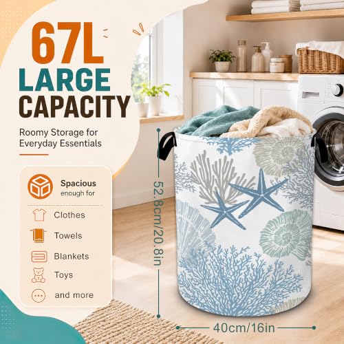 Starfish Laundry Basket,Shells CoralLarge Collapsible Portable Round Laundry Hamper with Handles,Oxford Storage Bin for Clothes,Blankets,Bedroom,Bathroom - color: Starfish Shells Coral
