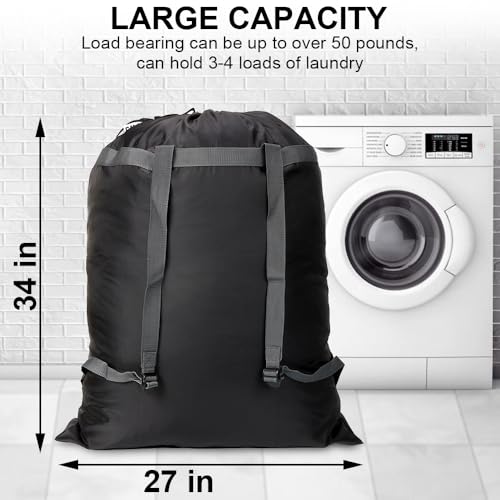 Laundry Bag Backpack, 27"x 34"Laundry Bag with Straps & Drawstring, Black - color: black