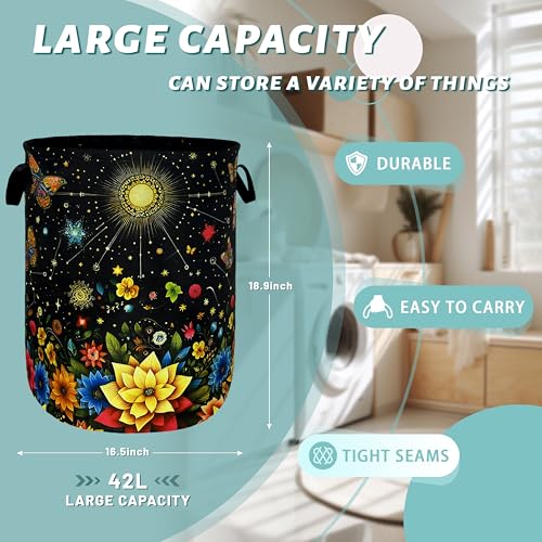 Colorful Flowers Butterfly Laundry Basket Oxford Cloth Hamper 18.9x16.5 In - color: Bright Flowers Butterfly With Moon