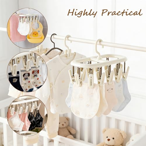 Clothes Drying Hanger with 12 Clips 2 Pack Folding Portable Hanging Drying Rack,Drip Foldable Hanging Rack 360° Rotatable Hook Clips