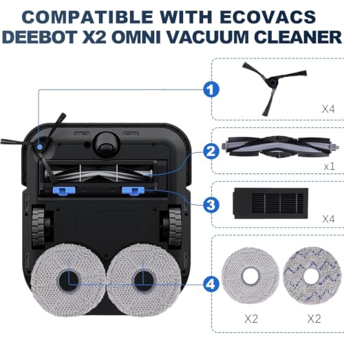 Replacement Parts for ECOVACS DEEBOT X2 Omni / X2 / X2 Pro Robot Vacuum - Spare Accessories Kit - Include 1 Main Brush 4 Side Brushes 4 Filter 4 Mop Pads 4 Dust bag 1 Brush - color: X2 Replacement Kit